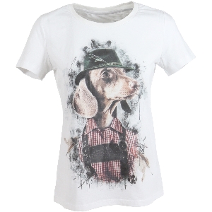 ALMTRACHT Camiseta señoras perro salchicha con sombrero, blanco
